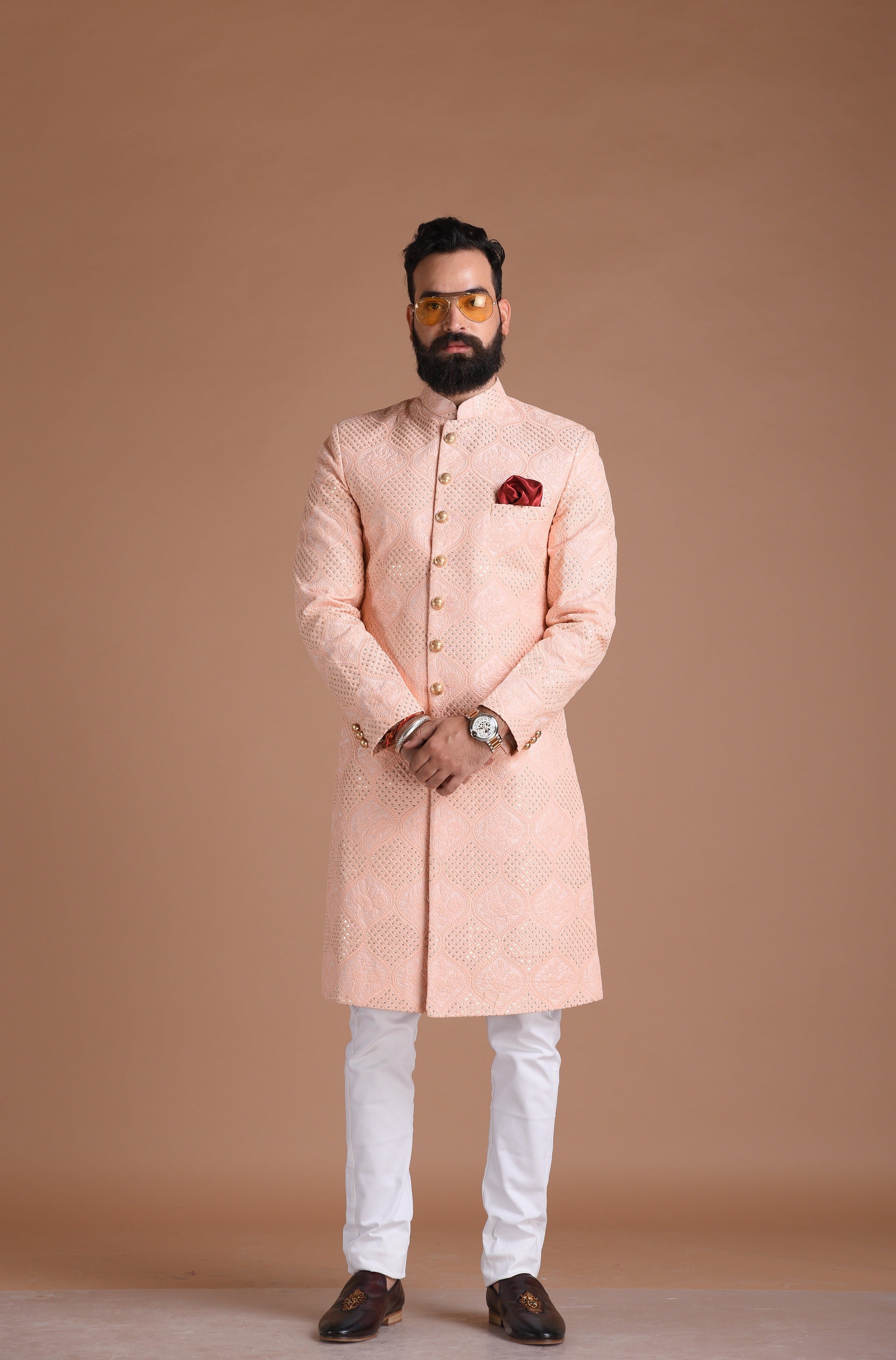 Handmade Traditional Chikankari Pink Sherwani Achkan | Formal Kurta Style wear | Perfect for Family Wedding functions Groom