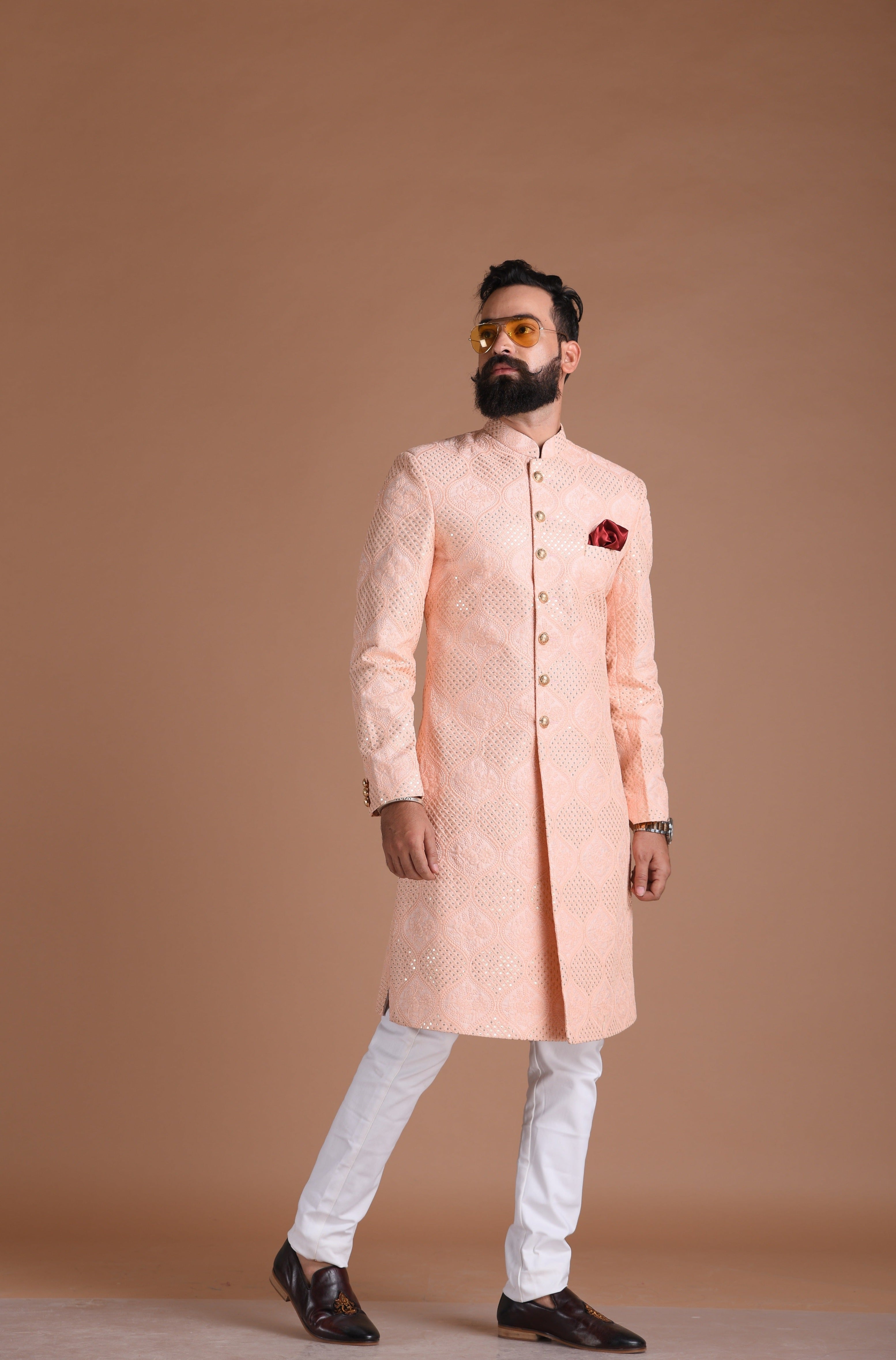 Handmade Traditional Chikankari Pink Sherwani Achkan | Formal Kurta Style wear | Perfect for Family Wedding functions Groom