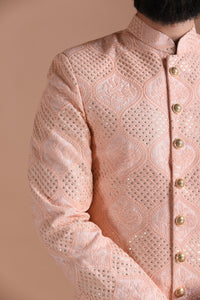 Handmade Traditional Chikankari Pink Sherwani Achkan | Formal Kurta Style wear | Perfect for Family Wedding functions Groom