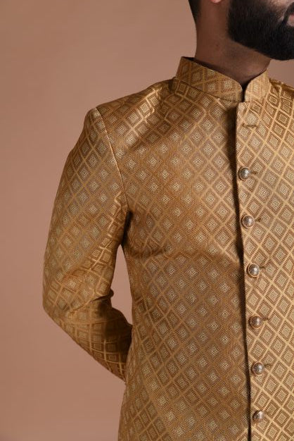 Exclusive Self embroidered Brown Brocade Silk Sherwani/Achkan for Men | Family Weddings & Grooms | Traditional Indian and Pakistani dress