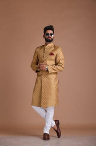 Exclusive Self embroidered Brown Brocade Silk Sherwani/Achkan for Men | Family Weddings & Grooms | Traditional Indian and Pakistani dress
