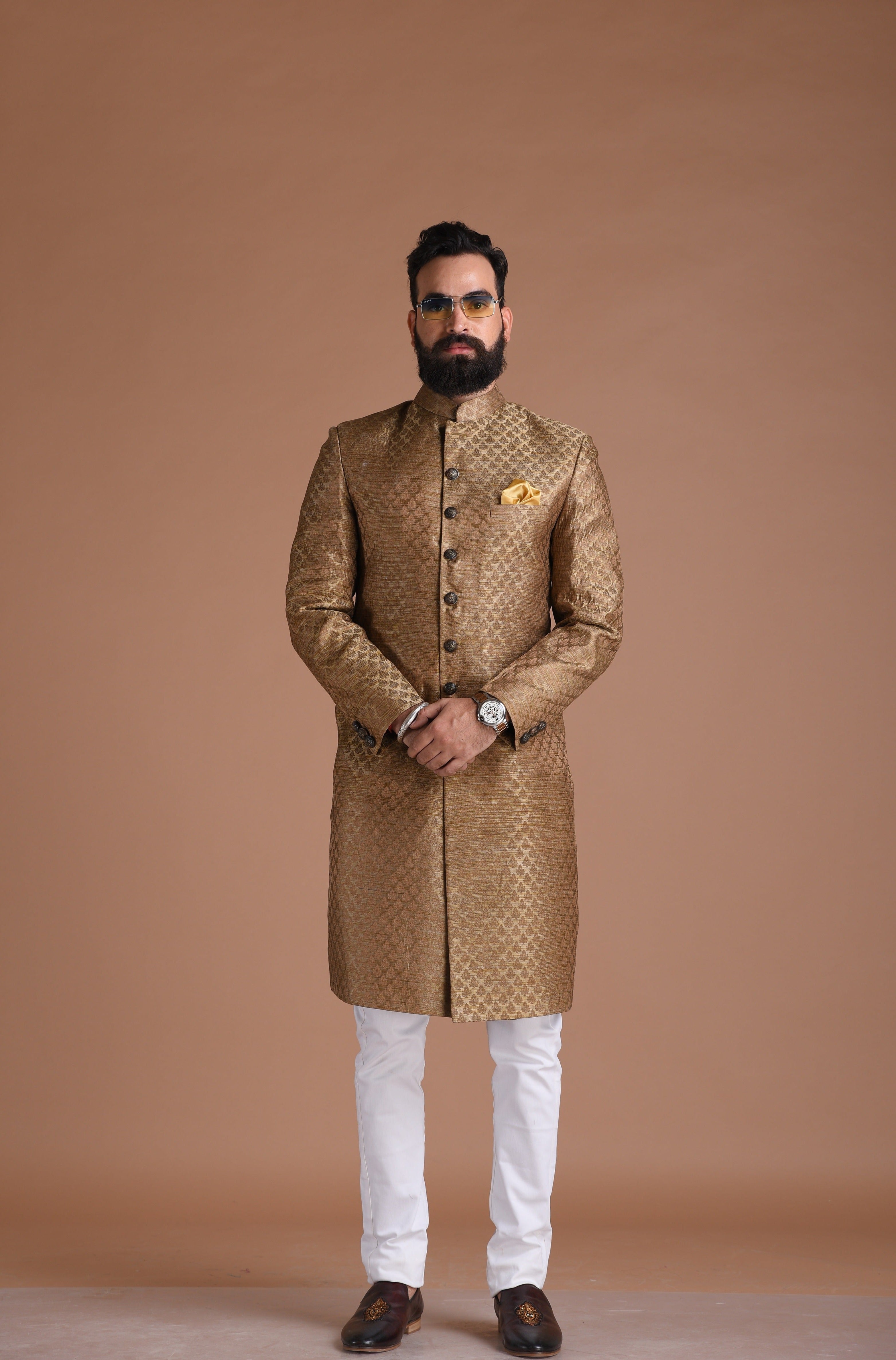 Traditional Golden-Brown Booti Pattern Brocade Sherwani/Achkan for Men | Perfect for Family Weddings , Grooms , festivals Traditional Event