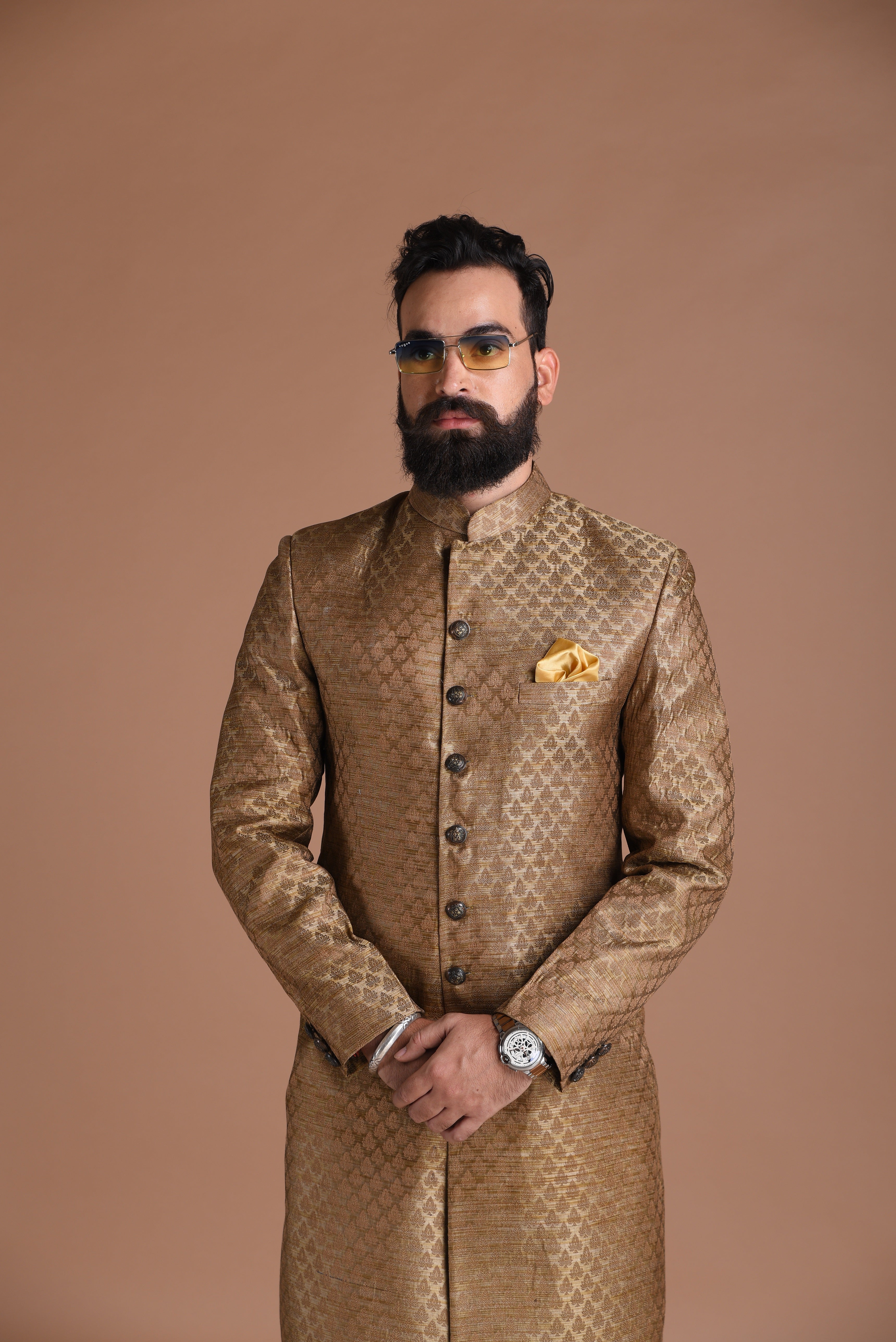Traditional Golden-Brown Booti Pattern Brocade Sherwani/Achkan for Men | Perfect for Family Weddings , Grooms , festivals Traditional Event