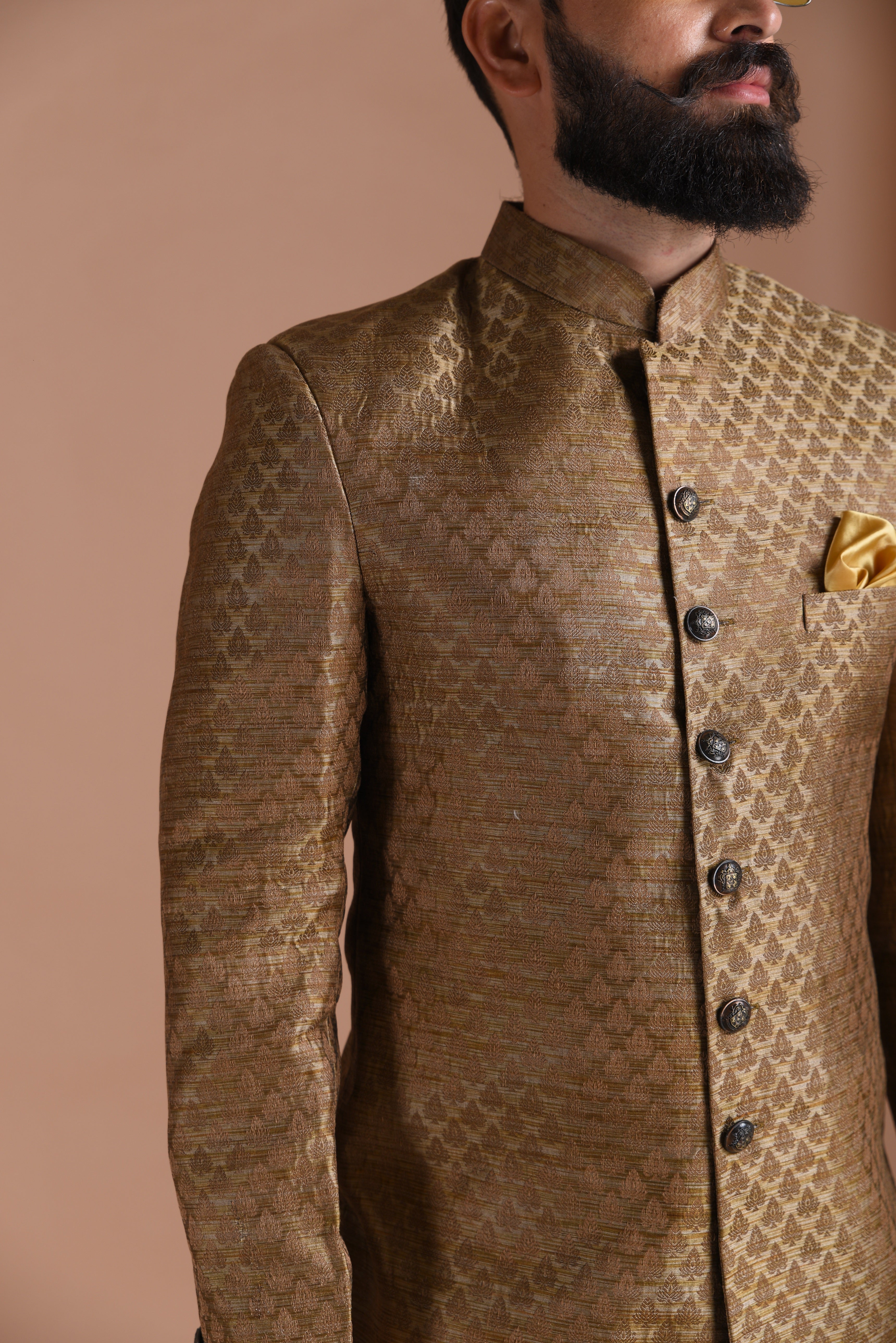 Traditional Golden-Brown Booti Pattern Brocade Sherwani/Achkan for Men | Perfect for Family Weddings , Grooms , festivals Traditional Event