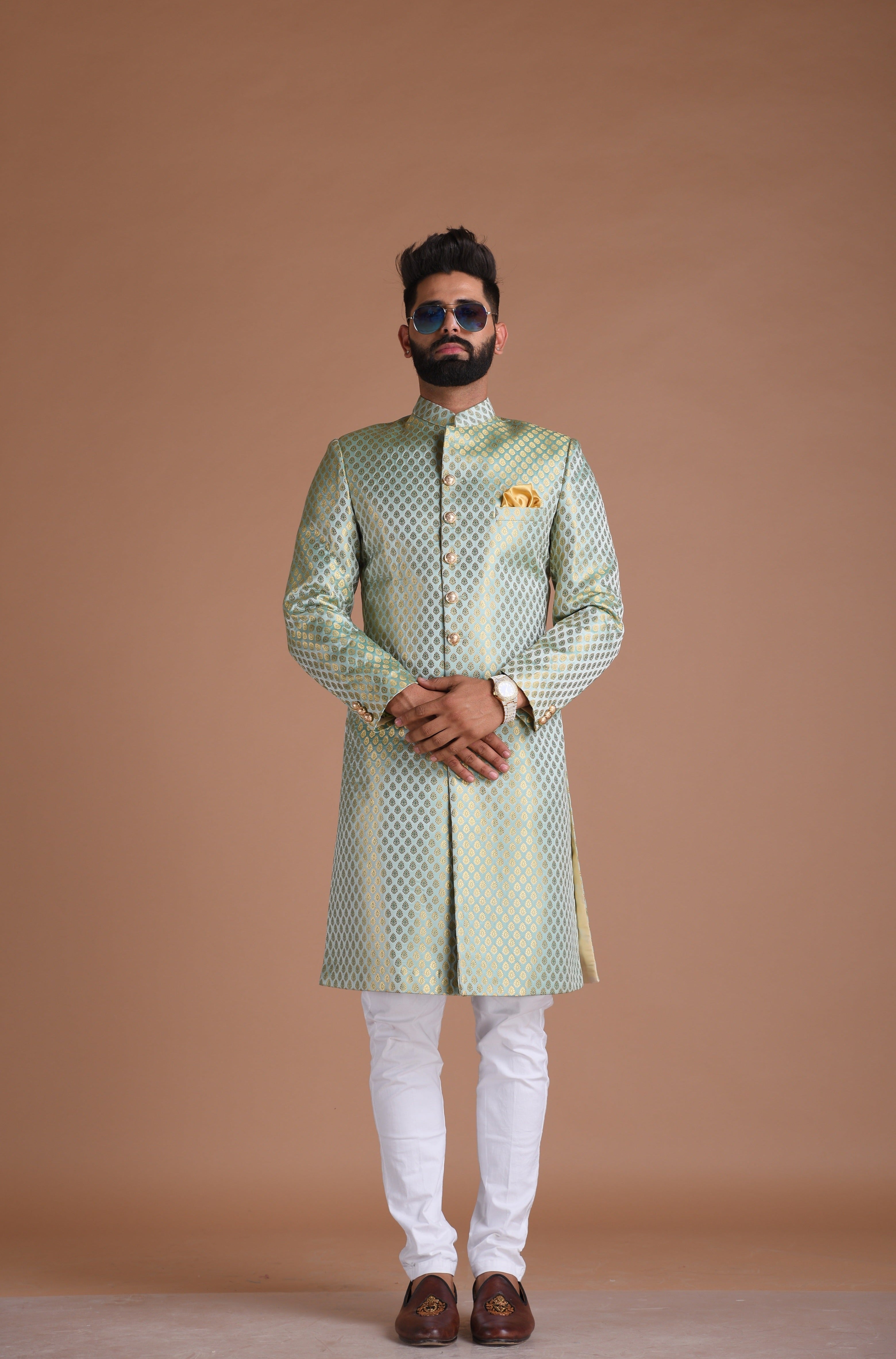 Alluring Aquamarine Hand-crafted KimKhab Banarasi Brocade Sherwani Achkan for Men | Available in Father Son Combo | Sky blue Color | Formal Kurta Style wear | Perfect for Grooms