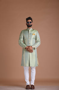 Sea Green Color Brocade Booti Pattern Achkan Best for Day functions and weddings | Available in Father Son Combo