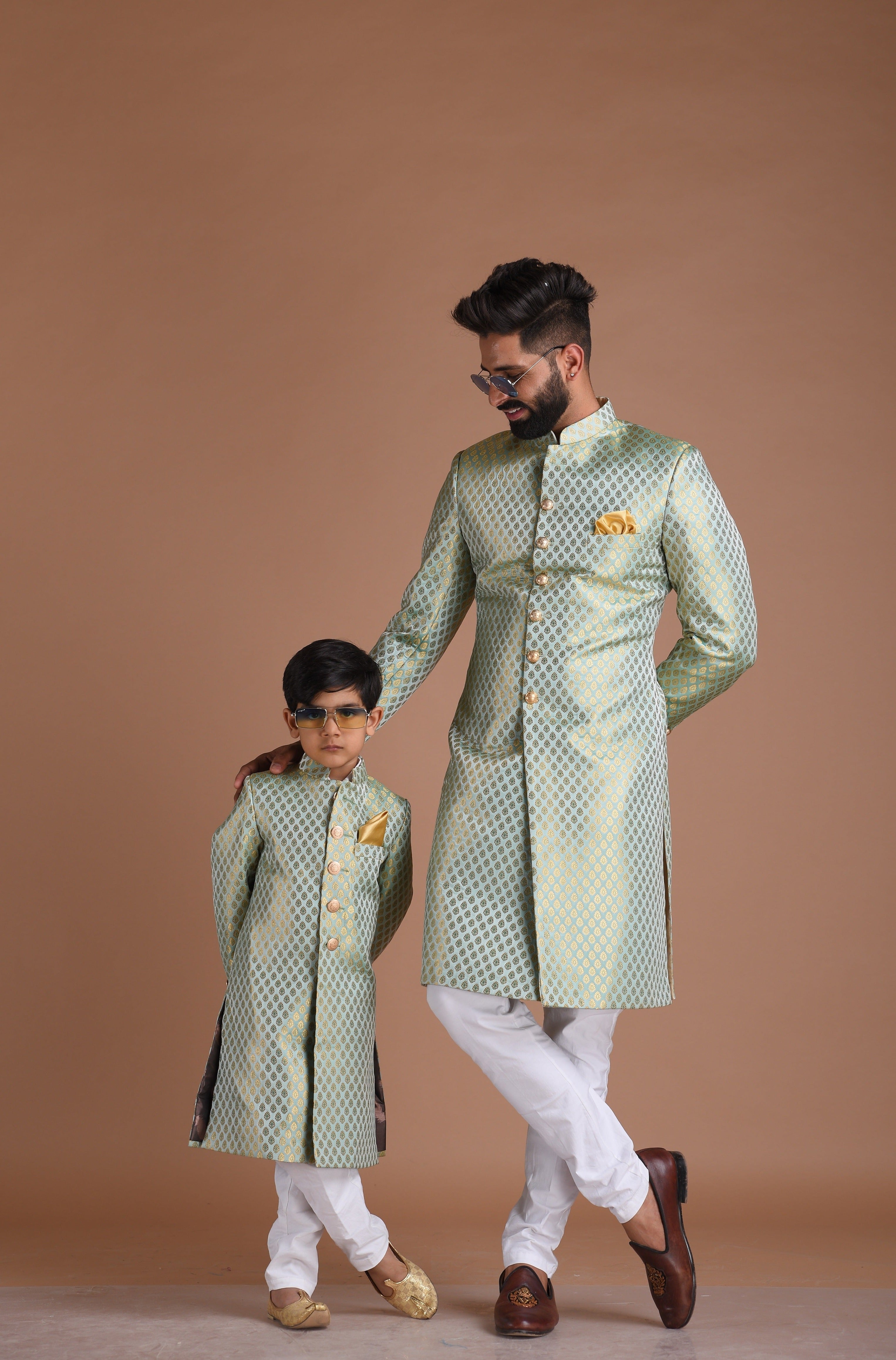 Sea Green Color Brocade Booti Pattern Achkan Best for Day functions and weddings | Available in Father Son Combo