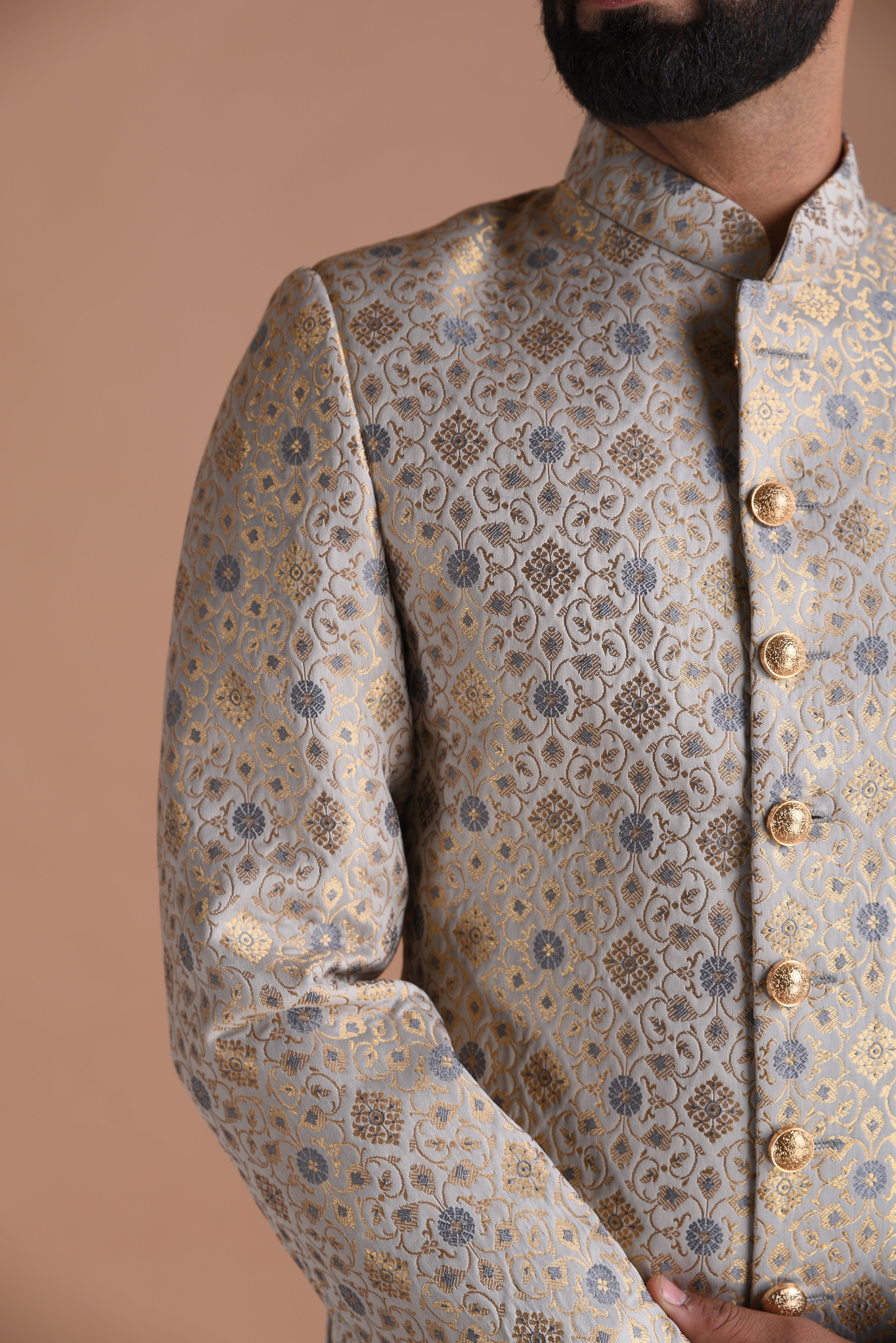 Traditional Golden Grey Floral Pattern KimKhab Banarasi Sherwani/Achkan |Available in Father Son | Perfect for Grooms , Weddings