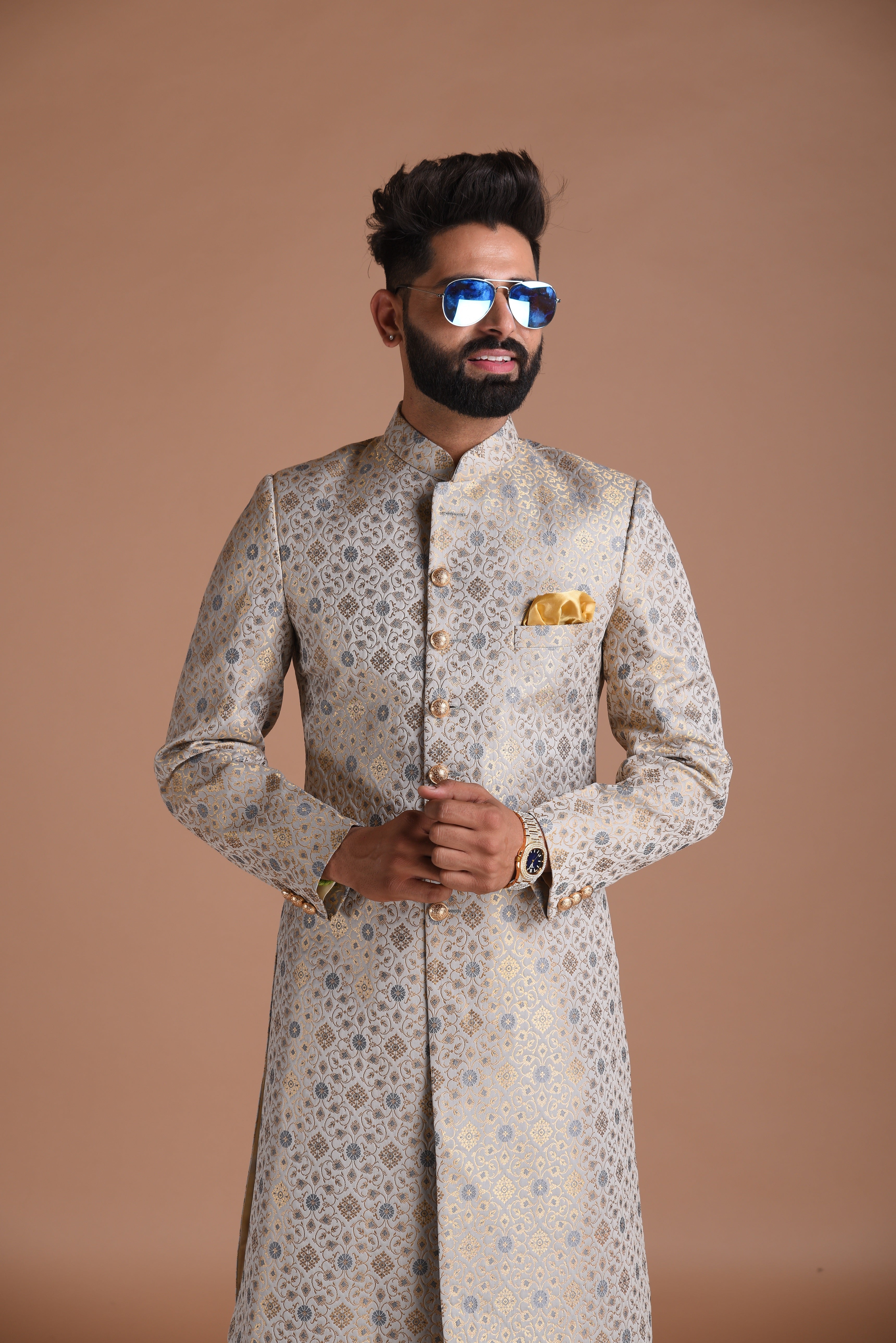 Traditional Golden Grey Floral Pattern KimKhab Banarasi Sherwani/Achkan |Available in Father Son | Perfect for Grooms , Weddings