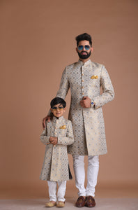 Traditional Golden Grey Floral Pattern KimKhab Banarasi Sherwani/Achkan |Available in Father Son | Perfect for Grooms , Weddings