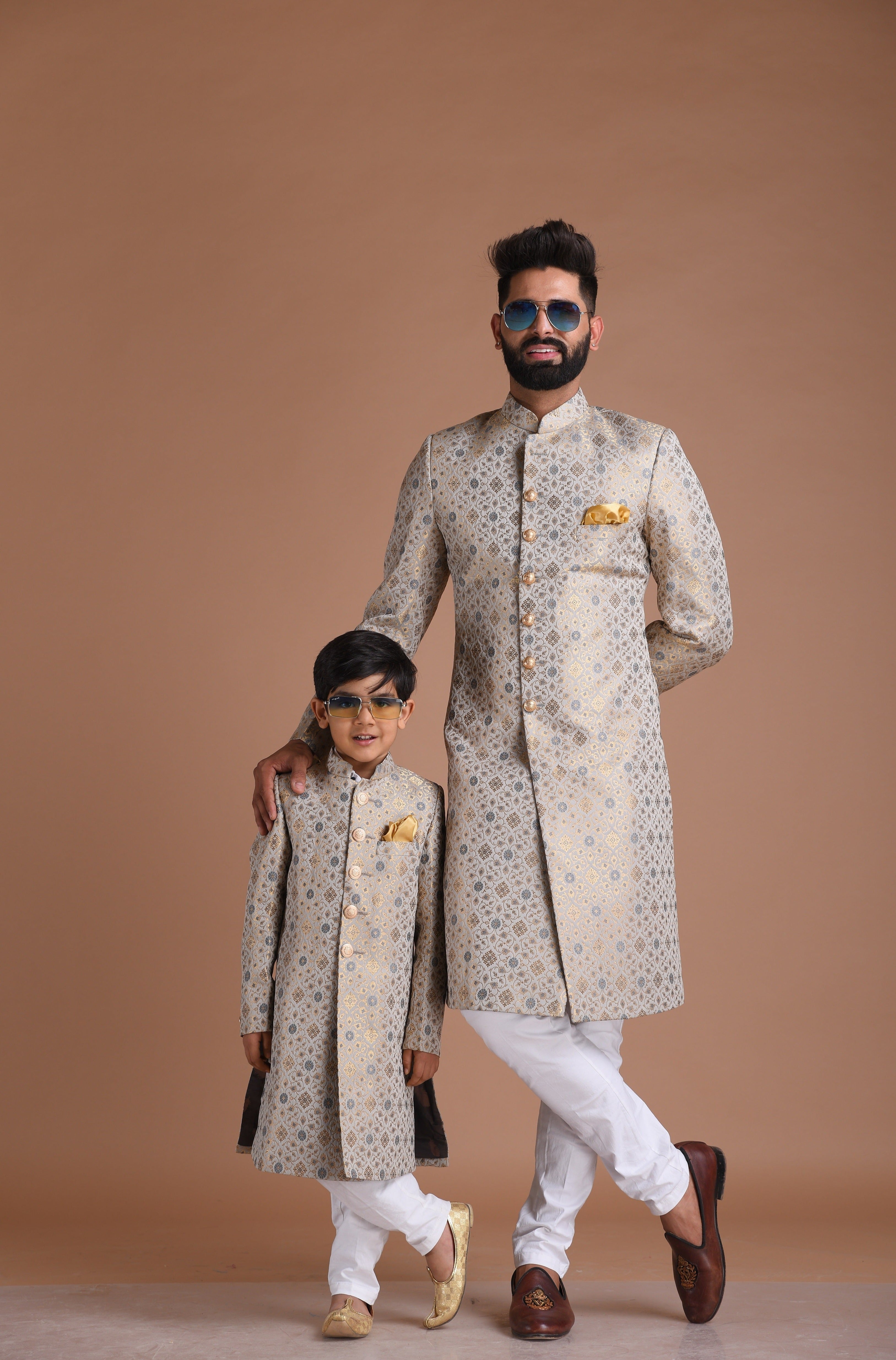 Traditional Golden Grey Floral Pattern KimKhab Banarasi Sherwani/Achkan |Available in Father Son | Perfect for Grooms , Weddings