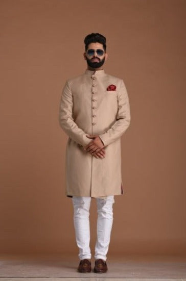 Traditional Hand-crafted Terry Rayon Sherwani/Achkan for Men | Fawn Color | Formal Kurta Style wear | Perfect for Family Weddings & Grooms | Functions wear