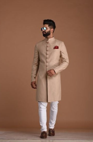 Traditional Hand-crafted Terry Rayon Sherwani/Achkan for Men | Fawn Color | Formal Kurta Style wear | Perfect for Family Weddings & Grooms | Functions wear