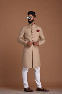 Traditional Hand-crafted Terry Rayon Sherwani/Achkan for Men | Fawn Color | Formal Kurta Style wear | Perfect for Family Weddings & Grooms | Functions wear