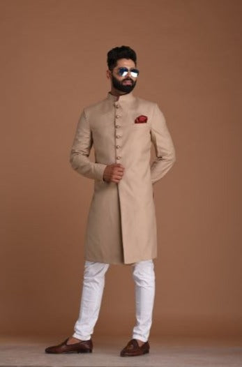 Traditional Hand-crafted Terry Rayon Sherwani/Achkan for Men | Fawn Color | Formal Kurta Style wear | Perfect for Family Weddings & Grooms | Functions wear