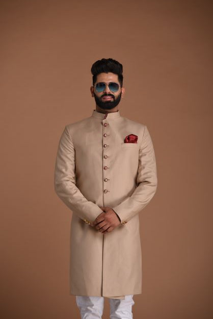 Traditional Hand-crafted Terry Rayon Sherwani/Achkan for Men | Fawn Color | Formal Kurta Style wear | Perfect for Family Weddings & Grooms | Functions wear