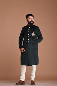 Aesthetic Dark Green Hand Embroidered Elephant Patch Sherwani in silky smooth velvet fabric | Exclusive Designer Groom and Family Wedding Dress Men