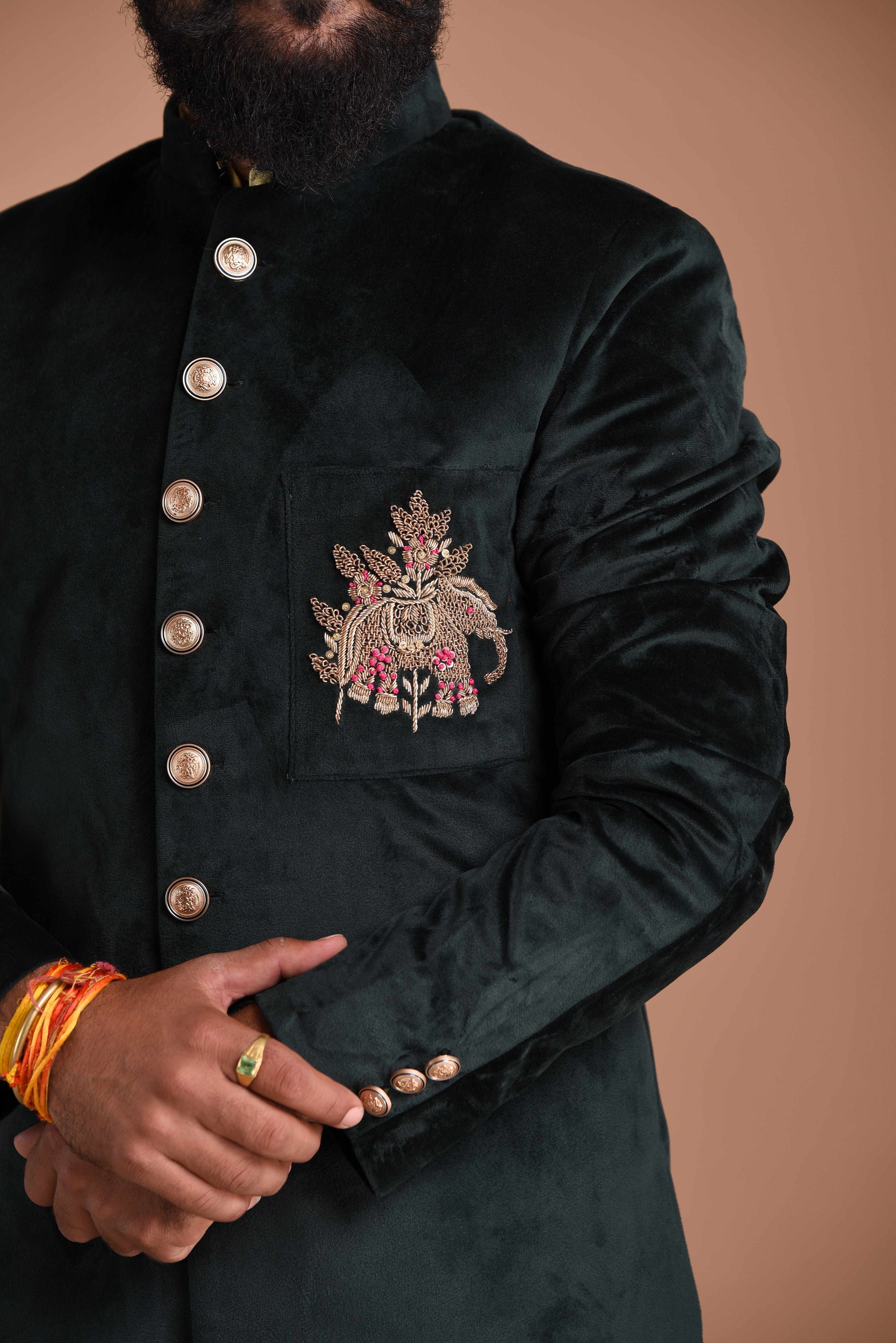 Aesthetic Dark Green Hand Embroidered Elephant Patch Sherwani in silky smooth velvet fabric | Exclusive Designer Groom and Family Wedding Dress Men