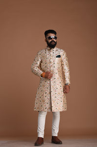Traditional Multi-Floral Embroidered Silk Sherwani /Achkan for Men | Perfect Groom Wear | Wedding Function | Day & Night Party Wear