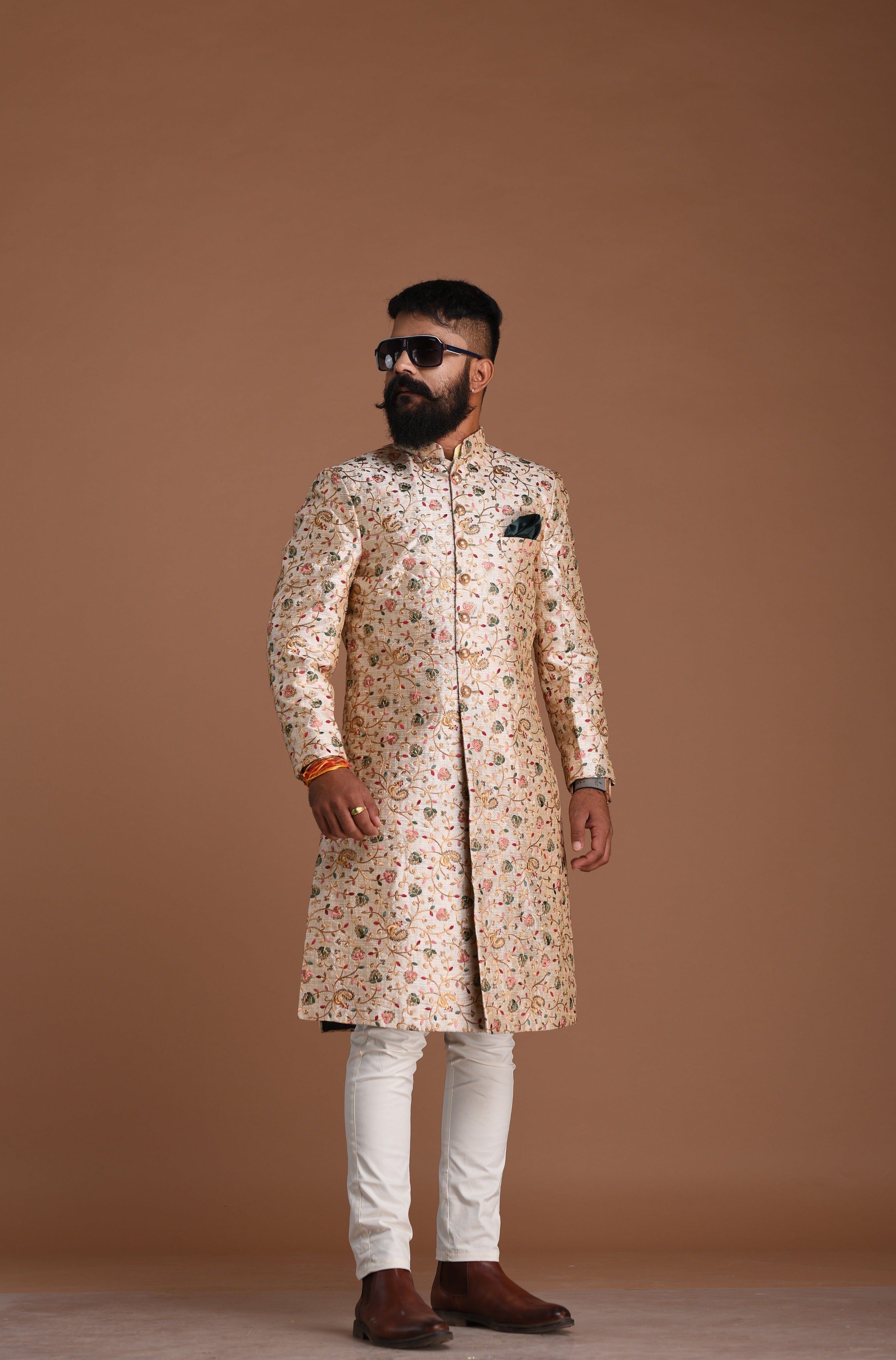 Traditional Multi-Floral Embroidered Silk Sherwani /Achkan for Men | Perfect Groom Wear | Wedding Function | Day & Night Party Wear