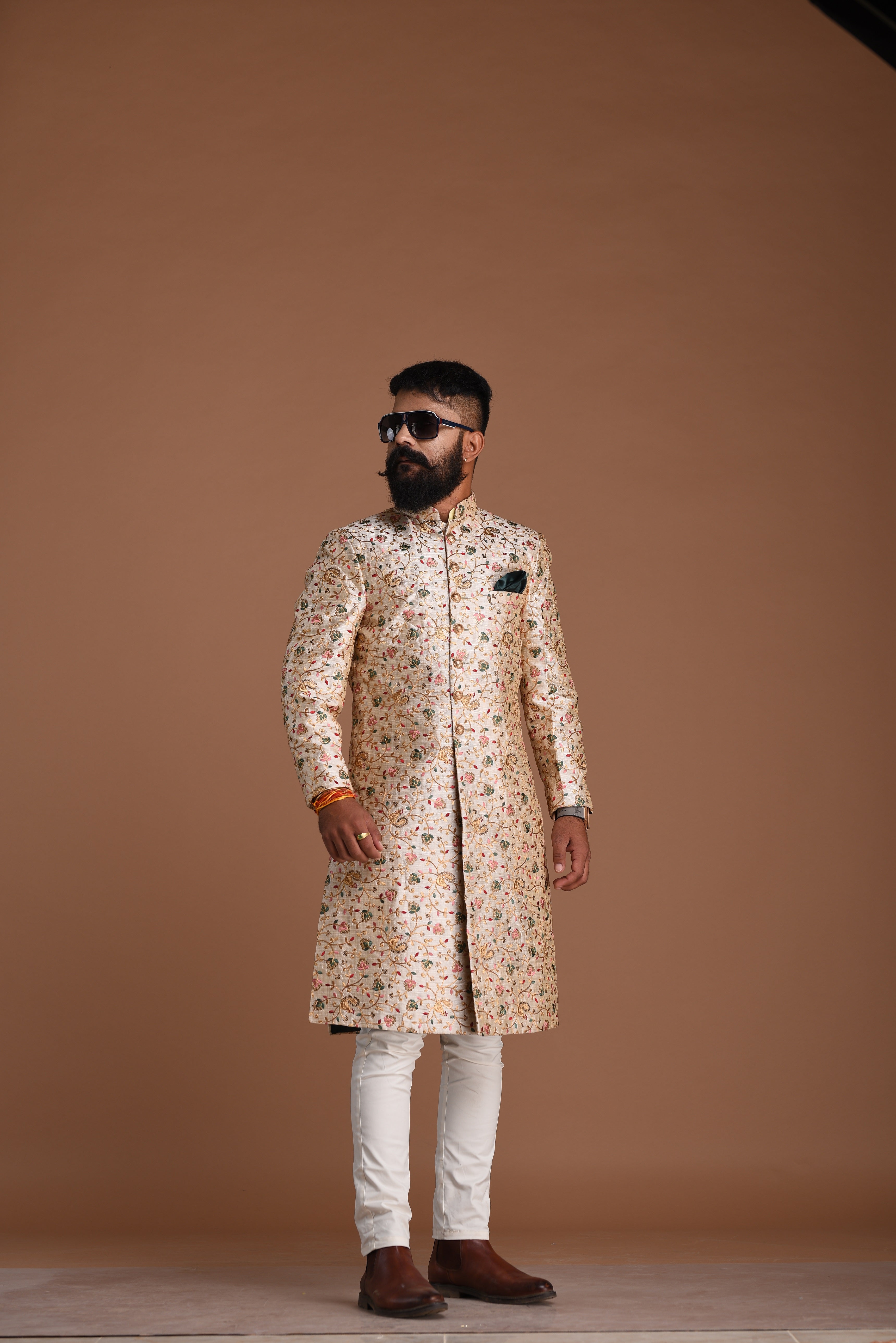 Traditional Multi-Floral Embroidered Silk Sherwani /Achkan for Men | Perfect Groom Wear | Wedding Function | Day & Night Party Wear