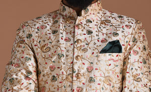 Traditional Multi-Floral Embroidered Silk Sherwani /Achkan for Men | Perfect Groom Wear | Wedding Function | Day & Night Party Wear