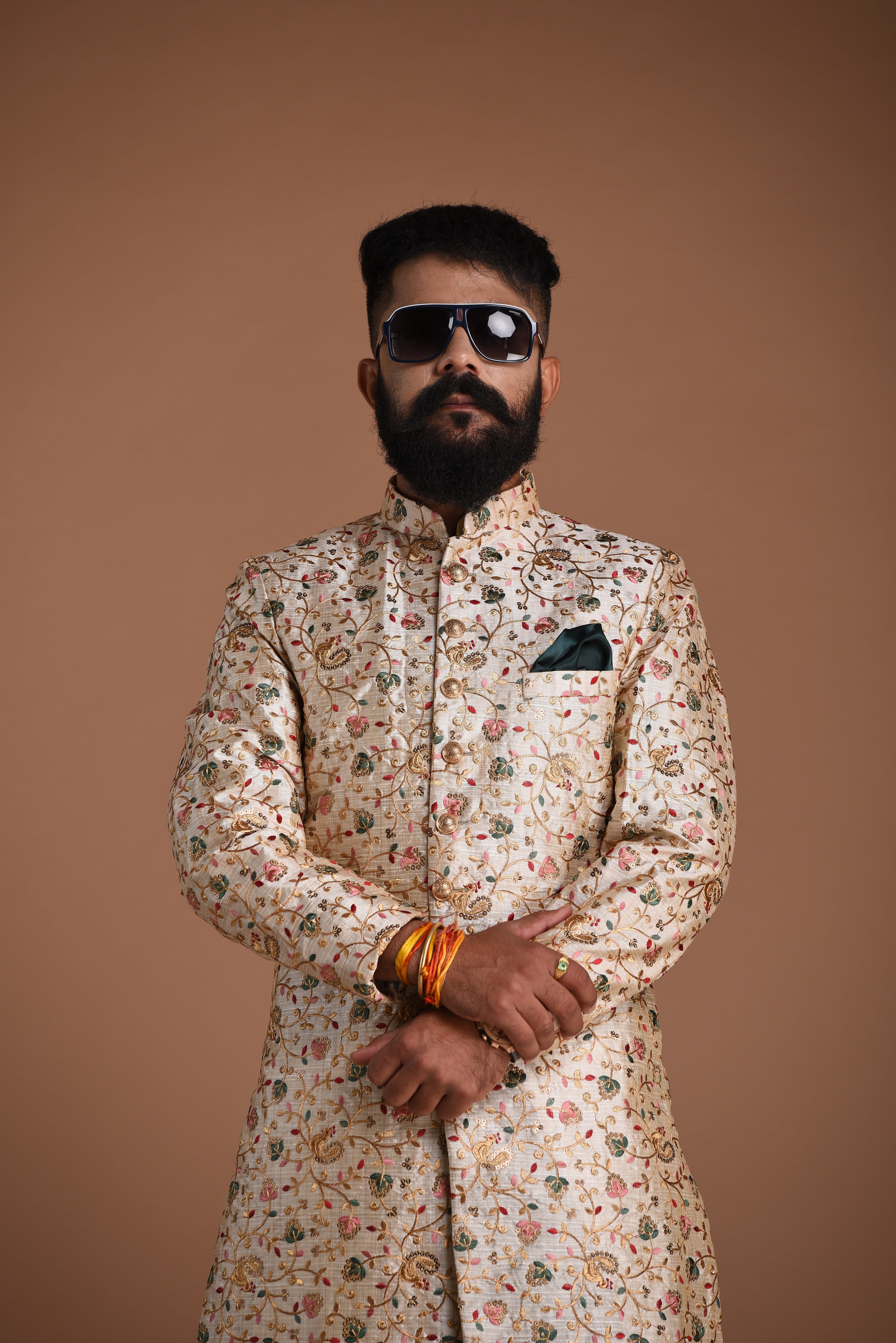 Traditional Multi-Floral Embroidered Silk Sherwani /Achkan for Men | Perfect Groom Wear | Wedding Function | Day & Night Party Wear