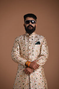 Traditional Multi-Floral Embroidered Silk Sherwani /Achkan for Men | Perfect Groom Wear | Wedding Function | Day & Night Party Wear