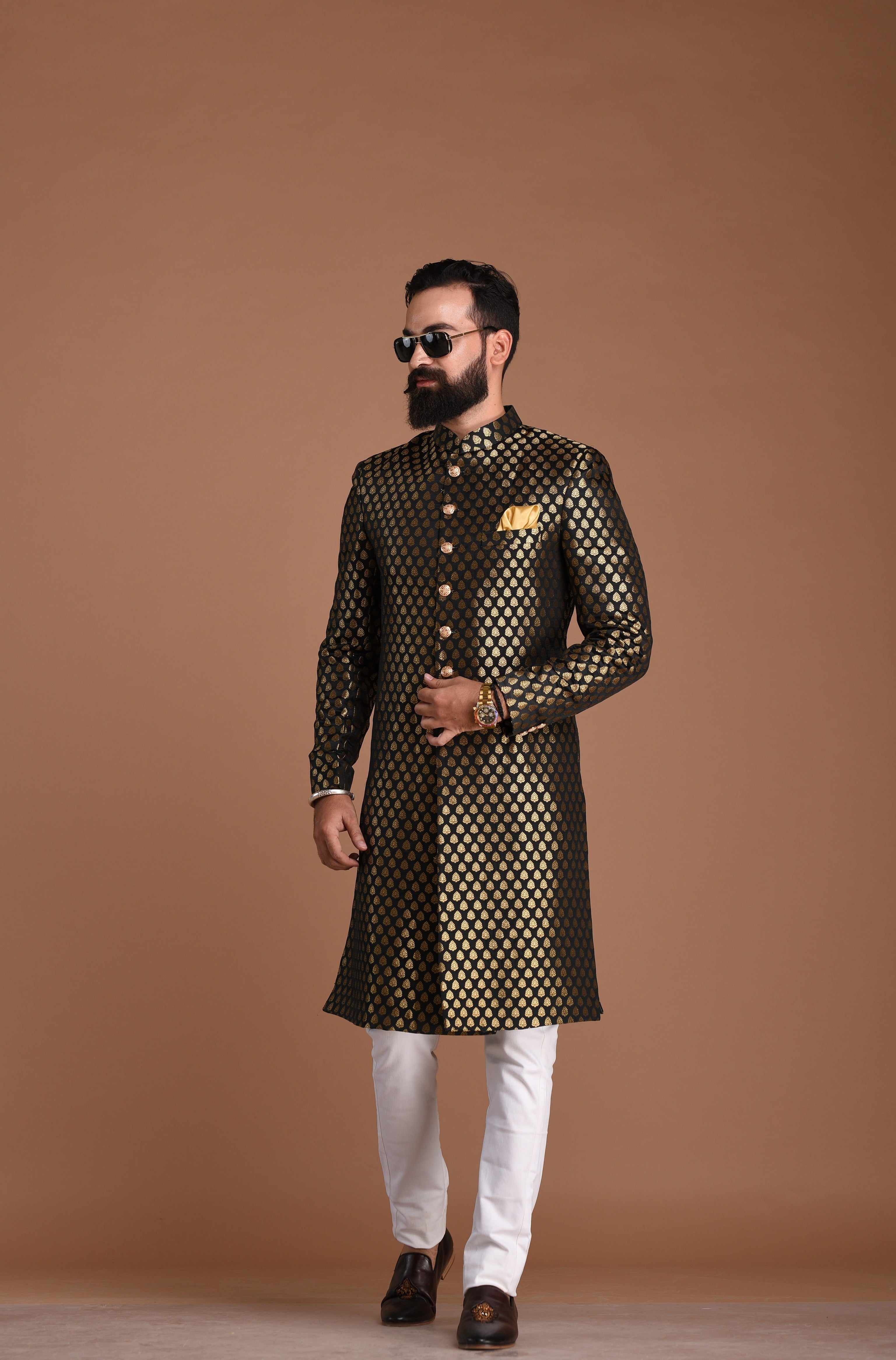 Exclusive Black Booti Pattern Banarasi Brocade Sherwani/ Achkan for Men | Traditional Indian and Pakistan Dress | Groom wear | Best for Night Functions