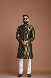 Exclusive Black Booti Pattern Banarasi Brocade Sherwani/ Achkan for Men | Traditional Indian and Pakistan Dress | Groom wear | Best for Night Functions