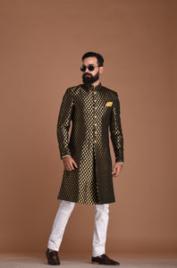 Exclusive Black Booti Pattern Banarasi Brocade Sherwani/ Achkan for Men | Traditional Indian and Pakistan Dress | Groom wear | Best for Night Functions