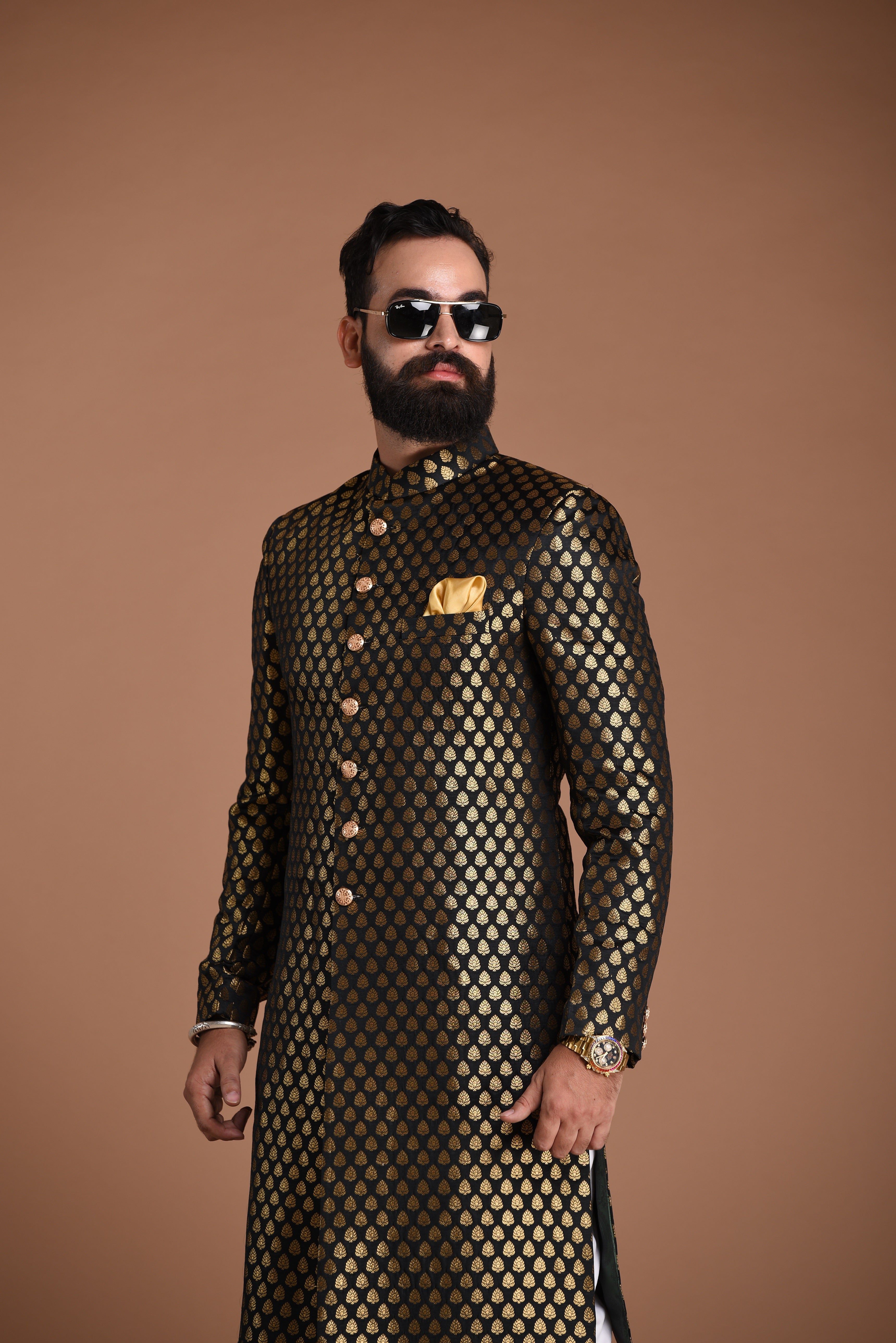 Exclusive Black Booti Pattern Banarasi Brocade Sherwani/ Achkan for Men | Traditional Indian and Pakistan Dress | Groom wear | Best for Night Functions