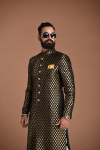 Exclusive Black Booti Pattern Banarasi Brocade Sherwani/ Achkan for Men | Traditional Indian and Pakistan Dress | Groom wear | Best for Night Functions