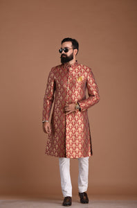 Aesthetic Golden-Red Banarasi Brocade Silk Sherwani/Achkan | Best Seller High Demand | Weddings, Grooms, Formal Indian Subcontinent Events Festivals