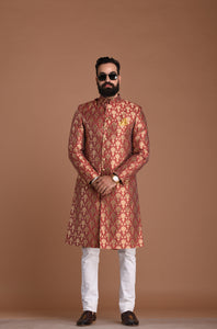 Aesthetic Golden-Red Banarasi Brocade Silk Sherwani/Achkan | Best Seller High Demand | Weddings, Grooms, Formal Indian Subcontinent Events Festivals