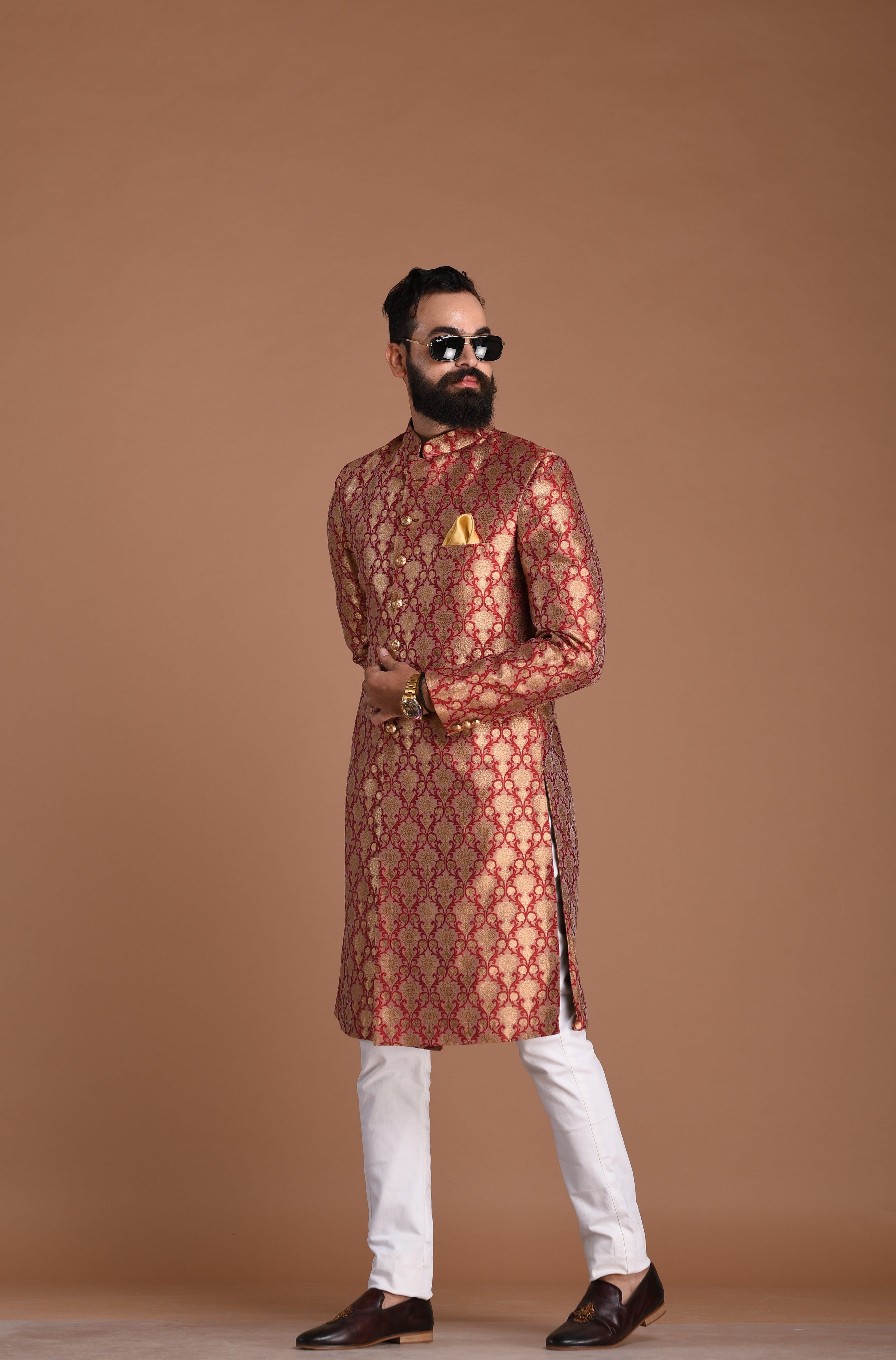 Aesthetic Golden-Red Banarasi Brocade Silk Sherwani/Achkan | Best Seller High Demand | Weddings, Grooms, Formal Indian Subcontinent Events Festivals