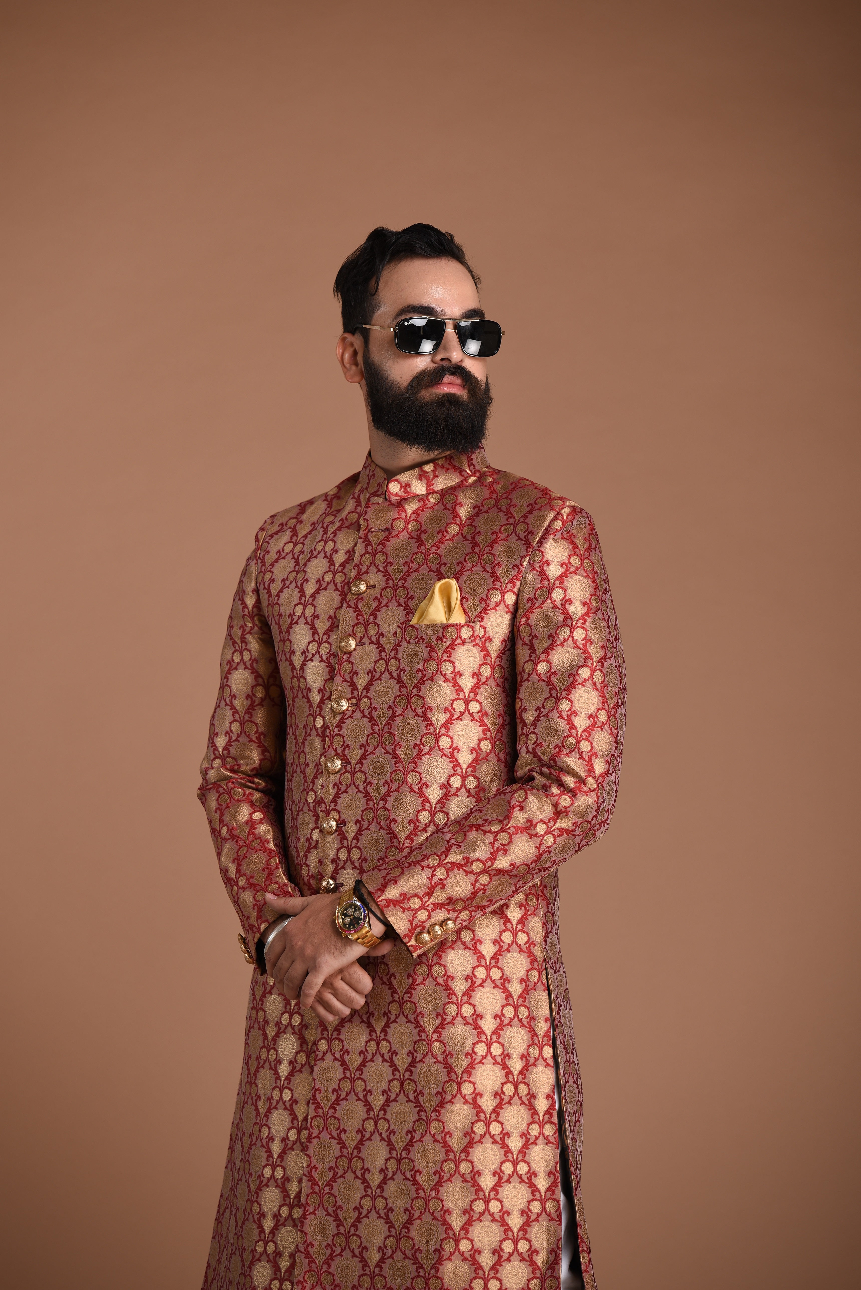 Aesthetic Golden-Red Banarasi Brocade Silk Sherwani/Achkan | Best Seller High Demand | Weddings, Grooms, Formal Indian Subcontinent Events Festivals