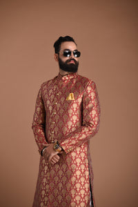 Aesthetic Golden-Red Banarasi Brocade Silk Sherwani/Achkan | Best Seller High Demand | Weddings, Grooms, Formal Indian Subcontinent Events Festivals