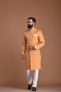 Alluring Kesari Hand-crafted Rajputana Styled Banarasi Brocade Sherwani/Achkan for Men | Perfect Groom and Family Wedding Wear| Personalisable Sizes n Elite Styling|