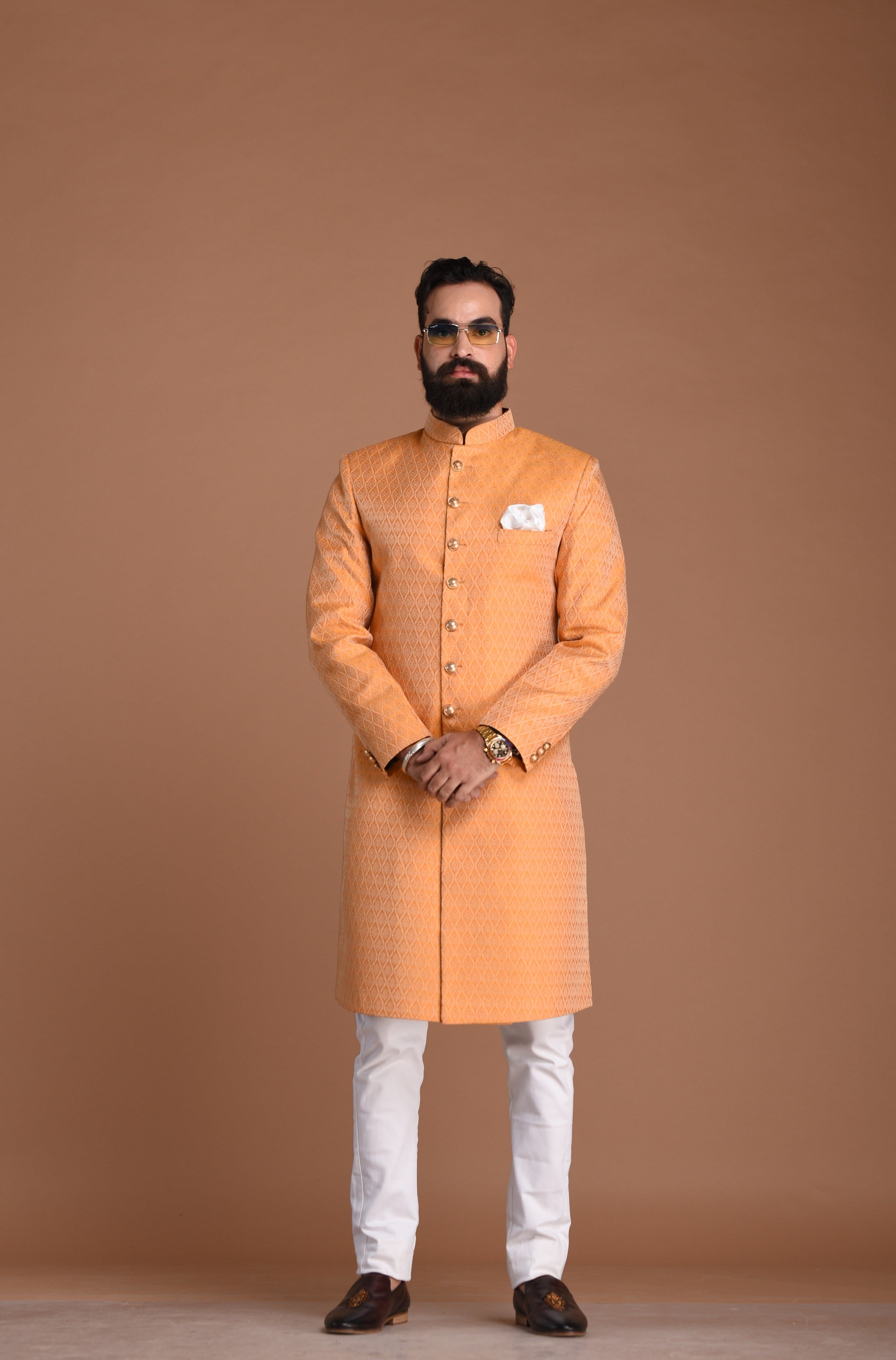 Alluring Kesari Hand-crafted Rajputana Styled Banarasi Brocade Sherwani/Achkan for Men | Perfect Groom and Family Wedding Wear| Personalisable Sizes n Elite Styling|