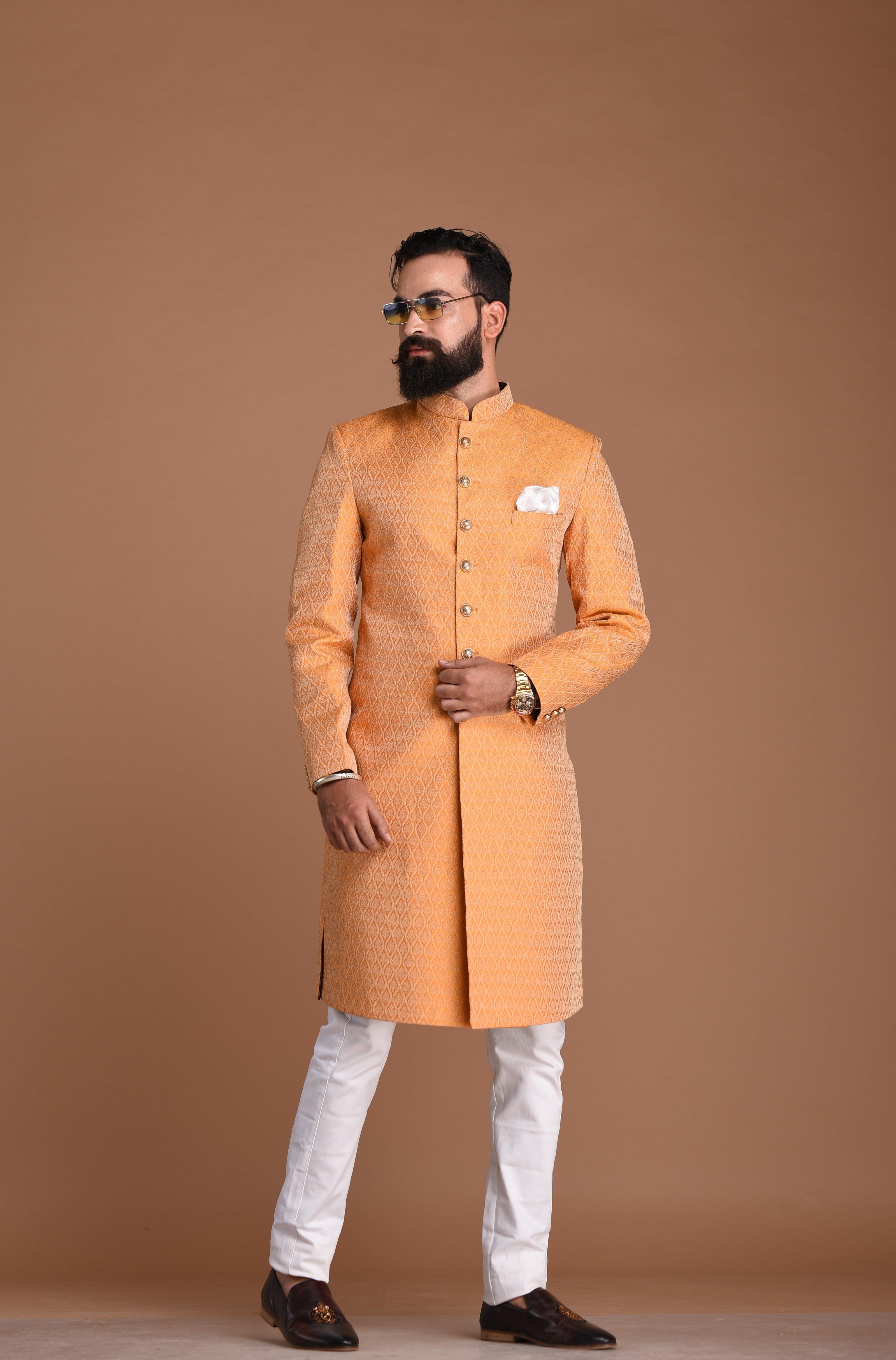 Alluring Kesari Hand-crafted Rajputana Styled Banarasi Brocade Sherwani/Achkan for Men | Perfect Groom and Family Wedding Wear| Personalisable Sizes n Elite Styling|