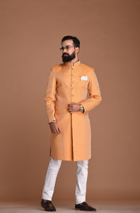 Alluring Kesari Hand-crafted Rajputana Styled Banarasi Brocade Sherwani/Achkan for Men | Perfect Groom and Family Wedding Wear| Personalisable Sizes n Elite Styling|