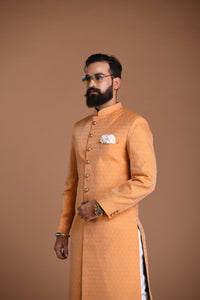 Alluring Kesari Hand-crafted Rajputana Styled Banarasi Brocade Sherwani/Achkan for Men | Perfect Groom and Family Wedding Wear| Personalisable Sizes n Elite Styling|