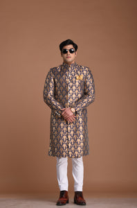 Aesthetic Greyish-Blue Banarasi Brocade  Sherwani Achkan for Men| Formal Indian Event festival | Perfect for Family Weddings & Grooms