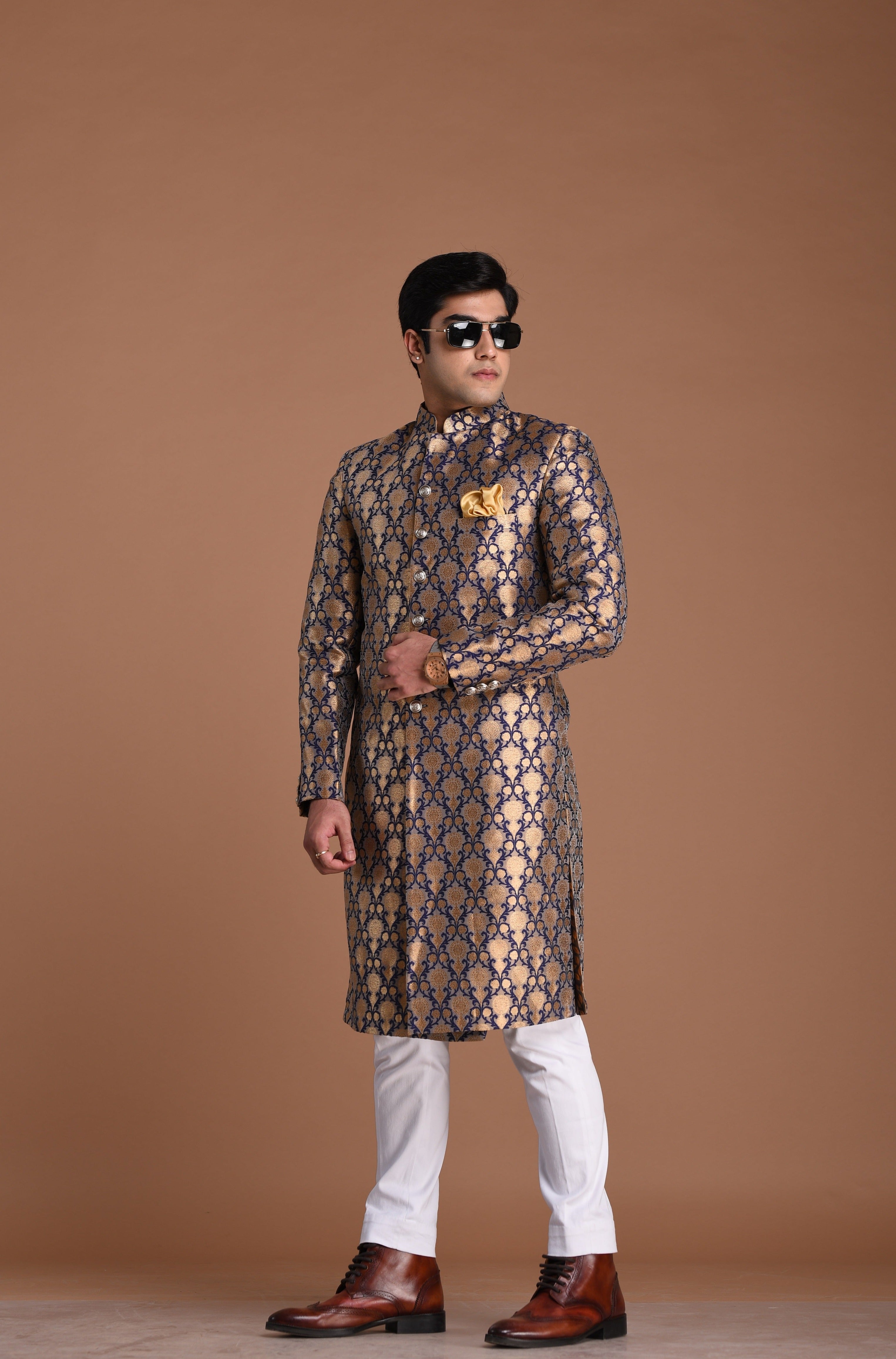 Aesthetic Greyish-Blue Banarasi Brocade  Sherwani Achkan for Men| Formal Indian Event festival | Perfect for Family Weddings & Grooms