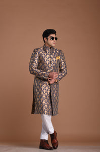 Aesthetic Greyish-Blue Banarasi Brocade  Sherwani Achkan for Men| Formal Indian Event festival | Perfect for Family Weddings & Grooms