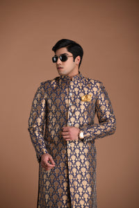 Aesthetic Greyish-Blue Banarasi Brocade  Sherwani Achkan for Men| Formal Indian Event festival | Perfect for Family Weddings & Grooms