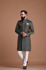 Traditional Handcrafted Booti Pattern Brocade Silk Sherwani Achkan for Men |Dark Green| Functions wear | Perfect for Family Weddings & Grooms