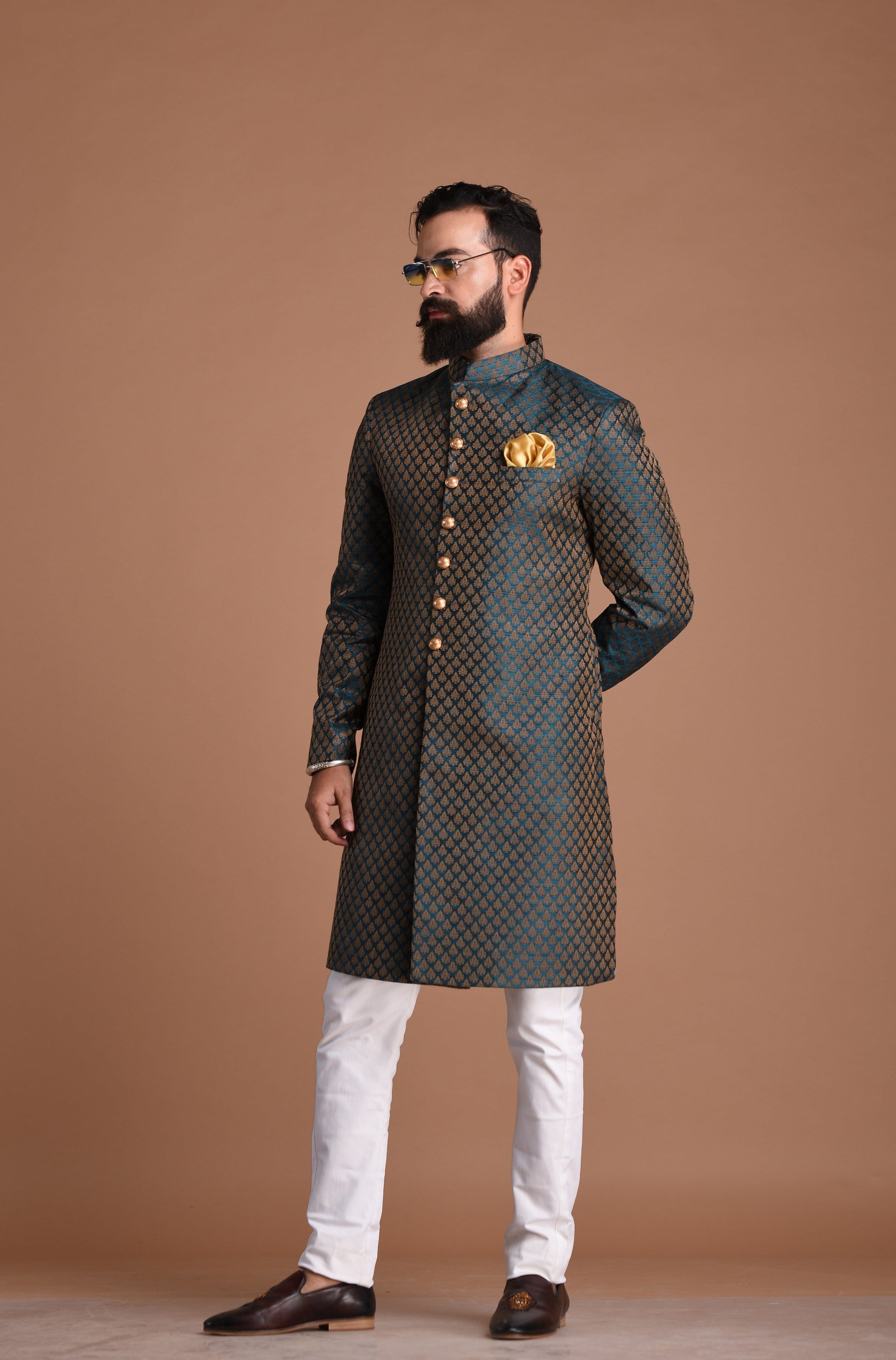 Traditional Handcrafted Booti Pattern Brocade Silk Sherwani Achkan for Men |Dark Green| Functions wear | Perfect for Family Weddings & Grooms