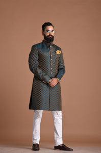 Traditional Handcrafted Booti Pattern Brocade Silk Sherwani Achkan for Men |Dark Green| Functions wear | Perfect for Family Weddings & Grooms